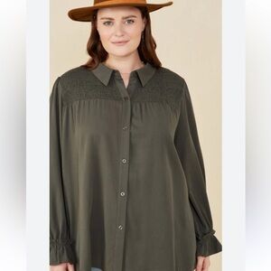 Hayden Los Angeles Ruffle Olive Green Long Sleeve Button Down Top sz 2X